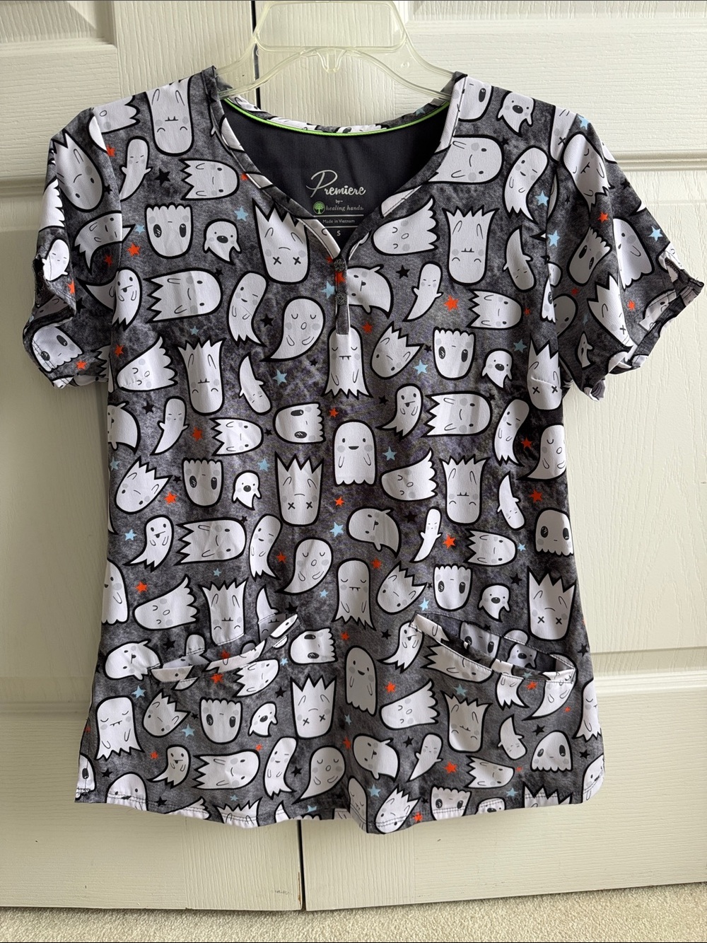 Premier Scrub Top Ghost Print Short Sleeve in Gray w/ Shimmery Button Accents